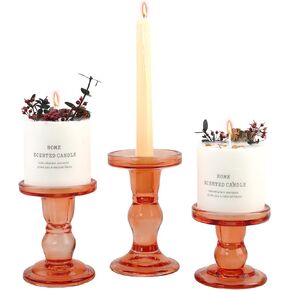 Brown Glass Candle Holder Set, QENUIITEA Set of 3 Clear Candlesticks Holders Pillar Taper Candles Tea Light Stand for Centerpieces Church Wedding Party Home Decor Dining Table