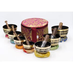 SANSKAR NEPAL Tibetan Singing Bowl Set of 7 High Sided Black with Carry Box | Bells for Meditation and Yoga | Sound Therapy Instruments | Singing Bowl Set for Chakra Healing