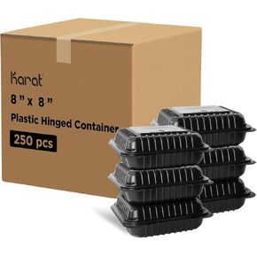 Karat 8'' x 8" Black PP Hinged Container, 3 compartment - 250 ct