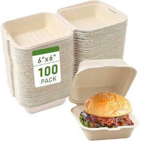 100 Pack Clamshell Take Out Food Containers,6" x 6" DisposableTo Go Boxes,Compostable To Go Containers,Sugar Cane Fibers Food Containers for Hamburger Sandwiches Chips