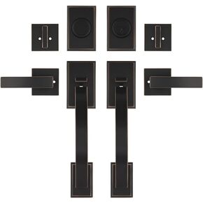 CozyBlock Double Door Handle Sets with Single Cylinder Deadbolt, Rectangular Adjustable Entry Door Lock Sets with Dummy (Round Lever, Brushed Nickel)