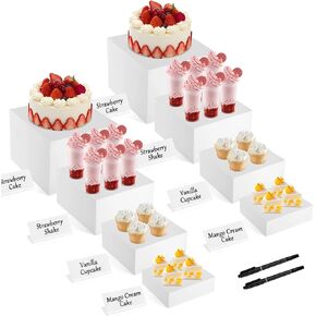 8 Pcs Buffet Risers, White Acrylic Food Risers with Signs & Pens, Display Stands for Buffet Table, Nesting Risers for Catering Dessert, Cube Boxes with Hollow Bottoms for Collectibles