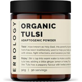 Erbology 100% Organic Tulsi Powder 90g - 90 Servings - Holy Basil - Calm and Mood - Straight from Farm - Raw, Vegan and Gluten-Free - Non-GMO - No Additives or Preservatives - Recyclable Glass Jar