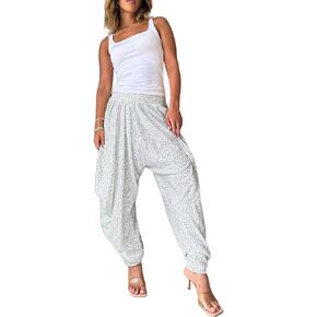 Women Bling Sequin Harem Pants Lantern Pants Ruched Elastic Waist Capri Pants Hippie Harem Pants Trousers