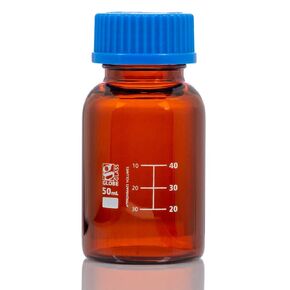 Globe Glass, Amber Media Bottle, 50mL, GL32 Screw Cap, Dual Graduations, 10/Box