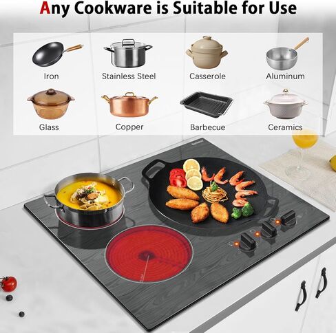 موقد كهربائي كارينير 2 شعلات، موقد كهربائي محمول 110 فولت مع مقبض، موقد زجاجي، نمط خشبي جميل، موقد سيراميك كهربائي مدمج وكونترتوب، 12 بوصة، قابس مخرج 110 فولت in Kuwait