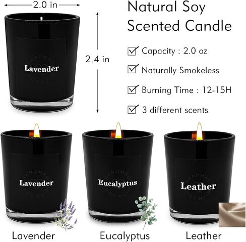 3-Pack Scented Candle Set - Lavender, Leather, Eucalyptus - Black Jar Candles, Aromatherapy Soy Wax, Natural Long-Lasting Candles for Home, Relaxation, Gifts, and Meditation in Saudi Arabia