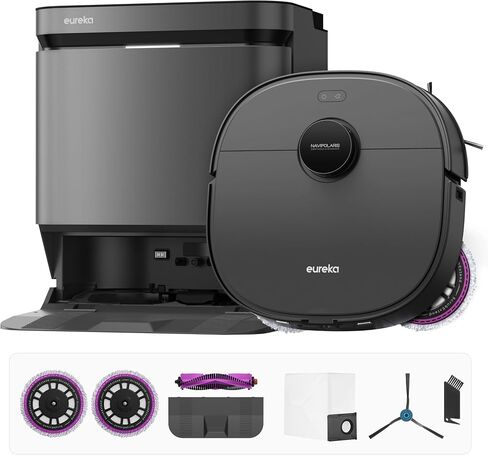 Eureka J15 Pro Ultra Robot Vacuum and Mop with Self Emptying Base, 16,200 Pa Suction, Flex-Arm Design Side Brush & Mop, Auto Mop Hot Water Washing & Hot Air Drying, AI Obstacle Avoidance, White in Saudi Arabia