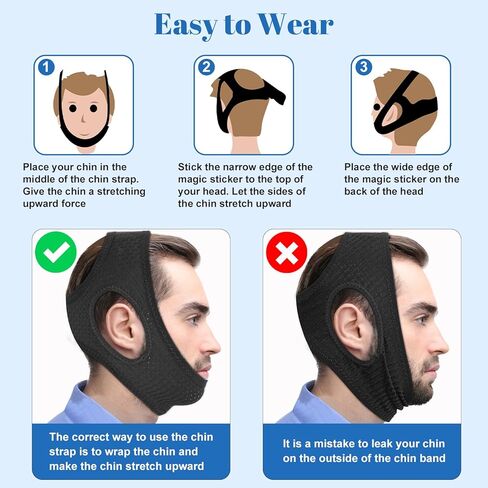 Chin Strap for Sleeping, Premium Anti-Snoring Chin Strap, Sleep Apnea Devices for Better Rest, Snoring Solution for Men and Women to Keep Mouth Closed, Comes with Extension Strap, Black, 21.6in in Saudi Arabia