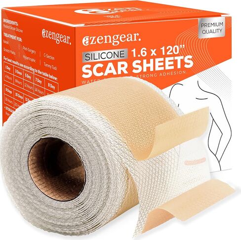 شريط أوراق الندبات السيليكون من aZengear (بكرة 1.6 × 120 بوصة) للندبات الجراحية، والجُدرات، والقسم C، وشد البطن، وعلاج إزالة الندبات القديم الجديد، ورقع طبية، تم اختباره بواسطة HRIPT in Kuwait
