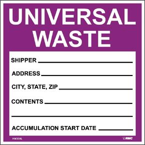 NMC HW30AL Universal Waste Label - [Roll of 500] 6 in. Square PS Paper Hazardous Material Label with White/Black Text on Purple/White Base