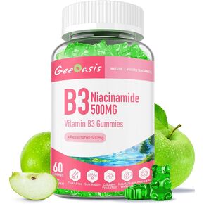Niacinamide 500mg Gummies, Chewable Vitamin B3 Supplement with Resveratrol 500mg, High Potency Niacin for Antioxidant, Skin & Brain Health, Immune Support, Vegan Apple Flavor, 60 Count