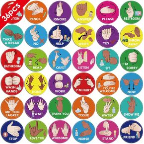 ASL Classroom Hand Signal Cards - 36 Boho Classroom Hand Signal Decor Sign Language Posters for Teachers Students Visual Cues