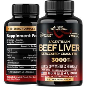 Beef Liver Capsules 3000 mg - Organic Desiccated Beef Liver - Argentinian, Grass-Fed & Pasture Raised - For Energy, Brain, Focus & Mood, Skin & Hair Support - with Vitamin B-Complex - 180 Capsules