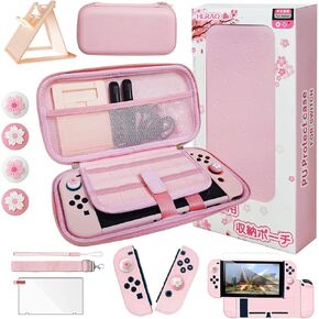 HLRAO Pink Bag Compatible with Nintendo Switch, Sakura-Design Shell, Solid Portable Storage Bag, Shockproof, with HD Glass Screen Protector, and 4 Sakura Thumb Grip Caps.
