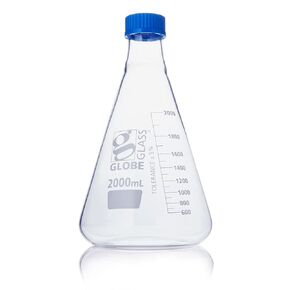 Erlenmeyer Flask, Globe Glass, 2000mL, Screw Cap, Dual Graduations, 3.3 Borosilicate Glass, ASTM E1404, 1/Box