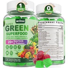 Super Greens Gummies w/Oragnic Spirulina, Chlorella, Superfoods, Prebiotic Fiber, Probiotic, Mushrooms, Fruit Veggie, for Digestive Gut Health, Bloating Relief, Immunity, Overall Health, 120 Cts