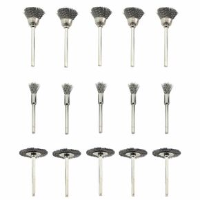 1 Set 15PCS Mini Stainless Steel Wire Brush 3mm Dust Cleaning Rust Removal Sanding Head T-Bowl Small Brush Silver for Metal Wood Surface Rust Removal