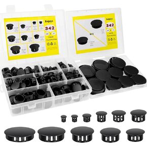 342Pcs Black Nylon Plastic Hole Plugs in 11 Sizes: 2", 1-1/2", 1", 7/8", 3/4", 5/8", 1/2", 3/8", 5/16", 1/4", 1/5" - End Caps for Round Holes in Cabinets & Furniture, Flush Knockout Locking Covers