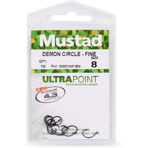 Mustad Demon Perfect Circle، سلك رفيع 1X في الخط - مقاس نيكل أسود 8/0 - عبوة من 100 قطعة in Kuwait