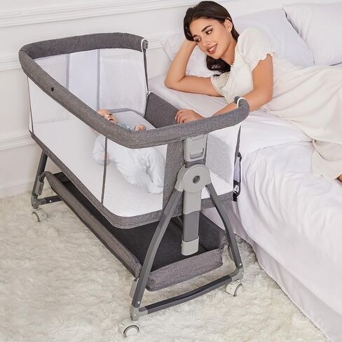 Jixrolyn 3 in 1 Baby Bassinet Bedside Sleeper, Height Adjustable Bedside Bassinet for Newborn and Infant with Mattress, Storage Basket, and Wheels (Grey) in Saudi Arabia