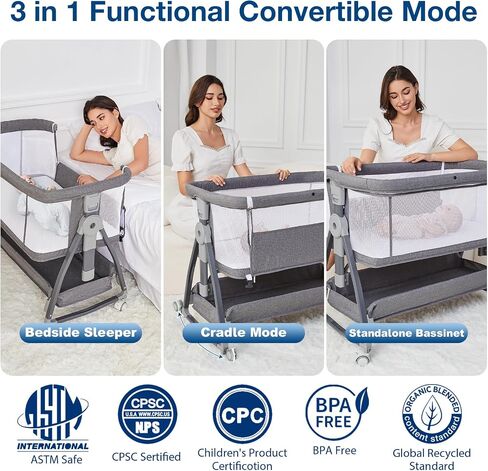 Jixrolyn 3 in 1 Baby Bassinet Bedside Sleeper, Height Adjustable Bedside Bassinet for Newborn and Infant with Mattress, Storage Basket, and Wheels (Grey) in Saudi Arabia