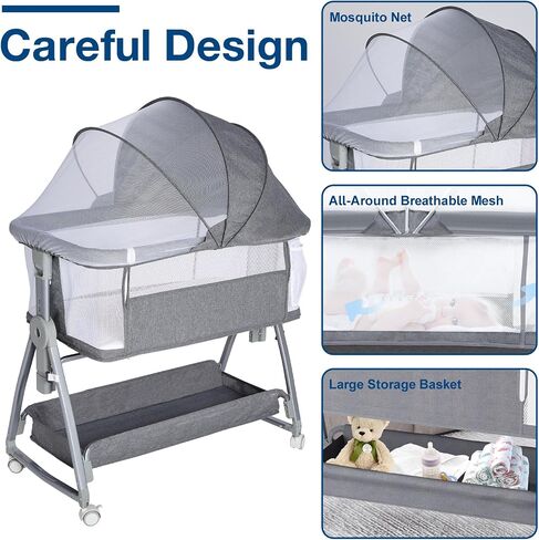 Jixrolyn 3 in 1 Baby Bassinet Bedside Sleeper, Height Adjustable Bedside Bassinet for Newborn and Infant with Mattress, Storage Basket, and Wheels (Grey) in Saudi Arabia