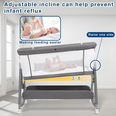 Jixrolyn 3 in 1 Baby Bassinet Bedside Sleeper, Height Adjustable Bedside Bassinet for Newborn and Infant with Mattress, Storage Basket, and Wheels (Grey) in Saudi Arabia