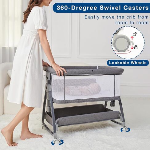 Jixrolyn 3 in 1 Baby Bassinet Bedside Sleeper, Height Adjustable Bedside Bassinet for Newborn and Infant with Mattress, Storage Basket, and Wheels (Grey) in Saudi Arabia