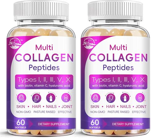 Multi Collagen Peptides Softgel - Type I, II, III, V, X - Hydrolyzed Collagen Peptides with Biotin, Vitamin C, Hyaluronic Acid, Supports Skin Hair Nail & Joint, Grass-Fed, Non-GMO, 60 Softgel, 2 Pack in Kuwait