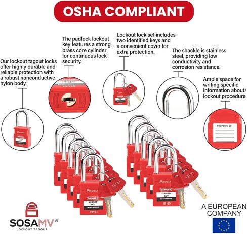 Red Loto Lockout Tagout Locks - 10 Keyed Different Locks with 2 Keys Per Lock, OSHA Compliant, Durable Nylon Body and Stainless Steel Shackle, Easy Identification and Key Cover in Saudi Arabia