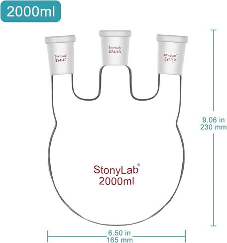 دورق سفلي دائري من stonylab مع 3 مفاصل عنق مستقيمة - 24/40 قياسية، زجاج بوروسيليكات عالي 2000 مل، مثالي للكيمياء والمختبرات والتجارب العلمية والتقطير وتطبيقات الارتجاع in Saudi Arabia