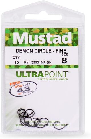 Mustad Demon Perfect Circle، سلك رفيع 1X في الخط - مقاس نيكل أسود 8/0 - عبوة من 100 قطعة in Kuwait