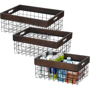 Set of 3 Metal Wire Baskets for Organizing Wood Top with Handles Storage Organizer Farmhouse Decor for Kitchen Cabinets Pantry Laundry Room Bathroom Closets Nesting Countertop Baskets