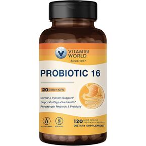 Vitamin World Probiotic 16, 20 Billion CFU, 16 Strains with Prebiotic Fiber for Digestive & Immune Health, Probiotics for Women & Men, Non-GMO, Gluten Free, 120 Veggie Capsules, 60 Day Supply