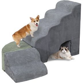 Dog Stairs for High Bed - LitaiL 29" Foam Pet Stairs for High Beds and Couch, Curved Dog Ramp Sponge Stairs Non-Slip Balanced 6 Tiers Pet Step for Small Dogs, Older Dogs, Small Animals