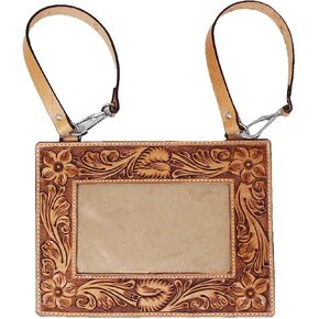 Set of 2 Handmade Floral Tooled Tan Leather Livestock Horse Show Exhibitor Number Holder