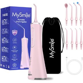 MySmile LP211 Cordless Advanced Water Flossers for Teeth, 5 Cleaning Modes Rechargeable Power Dental Flosser 8 Replacement Jet Tips IPX 7 Waterproof Dental Irrigator with Portable Travel Storage Pouch