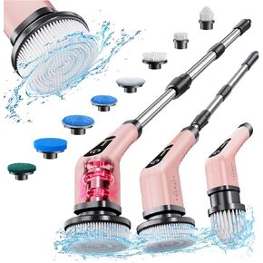 Leebein Electric Spin Scrubber, Cordless Cleaning Brush with 4 Adjustable Angles & 8 Replaceable Brush Heads, 2 Speeds & Remote Control, Long Handle Spin Scrubber for Bathroom Cleaning, Tub, Floor