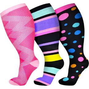 3 Pairs Plus Size Compression Socks for Women Wide Calf Extra Large Knee High Support for Travel,Yoga, Running