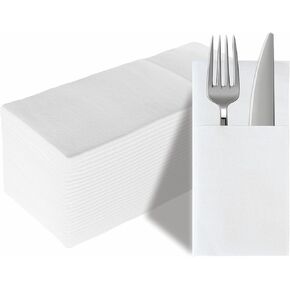 White Paper Napkins with Pocket Disposable Dinner Napkins with Built-in Flatware Pocket Prefolded Cloth Like Paper Napkins Bulk For Dinner, Wedding or Party-100Pack