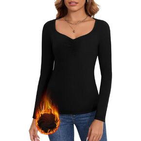 WOWENY Thermal Shirts for Women Sweetheart Neck Base Layer Ruched Soft Fleece Long Sleeve Top Thermal Underwear Winter