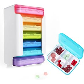 Weekly Pill Case,7 Piece Set Pill Organizer 6 Times a Day, Pill Organizer with Labels, Travel Pill Dispenser 7 Day with 42 Copartments for Supplements/Medication/Vitamin/Fish Oil