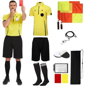 redgino Soccer Referee Kit Pro Soccer Referee Shirt Jersey,Ref Costume Shorts,Coach Whistle,Referee Socks, Linesman Flags and Cards Umpire Uniform Sport Accessory for Adult Teenager