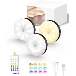 EZVALO Under Cabinet Lighting,1000mAh Rechargeable Puck Lights with Remote,3 Color Temps & 12 RGB Motion Sensor Closet Lights Indoor, Dimmable Under Counter Lights for Kitchen, Shelf Black (6 Packs)