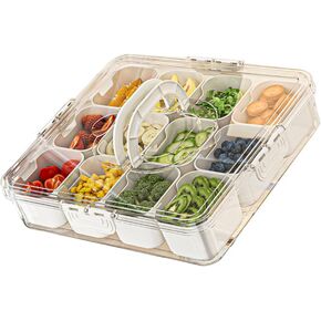 Snack Box Container, Travel Snack Box, Seasoning Food Organizer and Storage Container for Charcuterie Veggie Fruit Divided Serving Tray with Lid and Handle (1pc-12 Compartments)