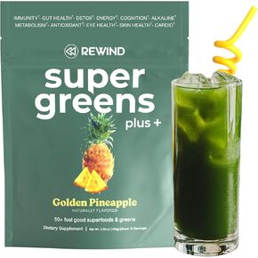 Rewind Greens Plus+ Super Greens Powder - Over 50 Superfoods and Greens - Delicious Powder Greens for The Whole Family - 10 Servings - Golden Pineapple