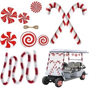 Christmas Golf Cart Decoration Kit: Vibrant Red&White Streamers, Candy Canes Balloons & Wheel Candy Ornaments for Christmas Parade in Kuwait