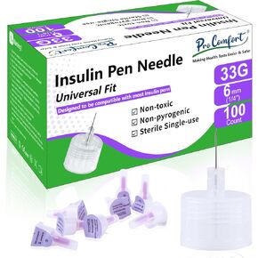 Pro Comfort Pen Needles for Injections 33G x 6mm(1/4"), 100 Ct, Universal Fit Diabetic Needles Compatible with Most Pen Injector Device, for Diabetes Home Comfortable Injection