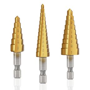 INTHEEND 6Pcs Step Drill Bit Set, Titanium Coated HSS Step Drill Bits with Automotive Center Punch, Ideal for Sheet Metal Hole Drilling, 50 Step Sizes Taper Drill Bit with Aluminum Case